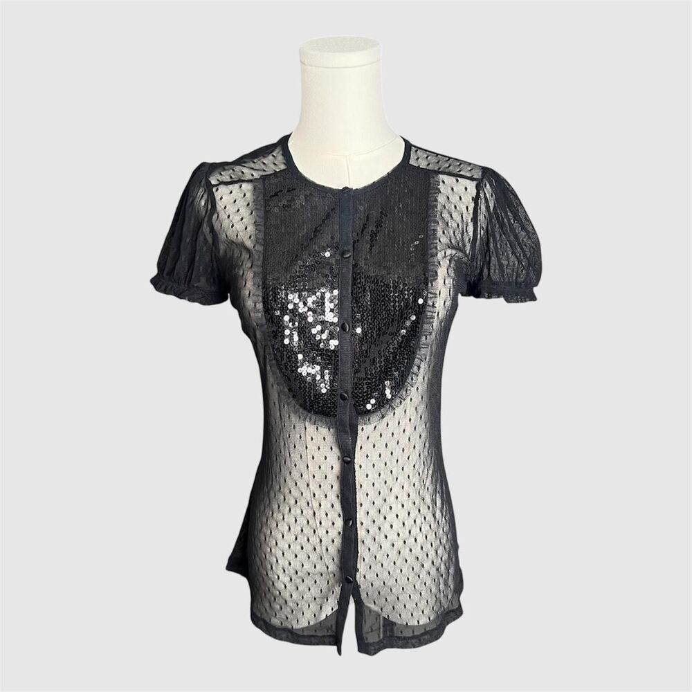 Express Black Sequin Micro Mesh Button Up Top